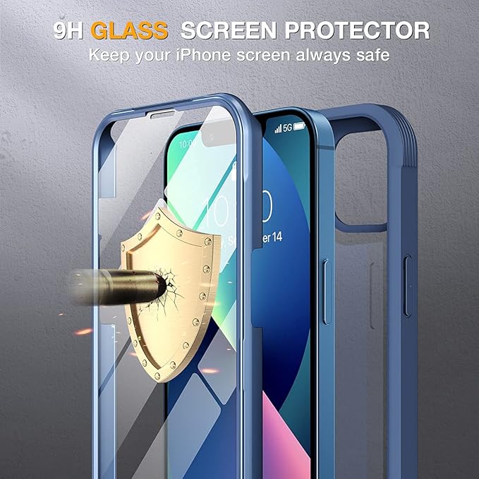 Miracase Compatible with iPhone 13 case 6.1 inch, [Glass Instead Plastic] with Built-in 9H Tempered Glass Screen Protector for iPhone 13,2023 Upgrade Full-Body Glass Clear Case, Dark Blue