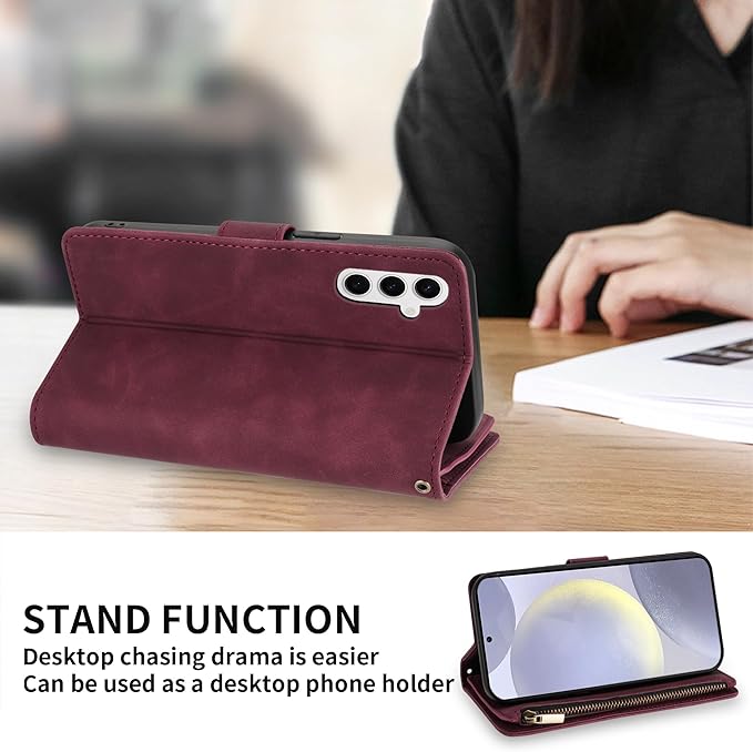 ZZXX for Samsung Galaxy S24 Plus Wallet Case with RFID Blocking Card Slot PU Leather Zipper Flip Folio with Strap Kickstand Protective Cover for Samsung Galaxy S24+ Case Wallet(Wine Red-6.7 inch)