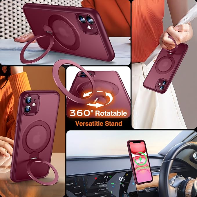 360° O-Ring MagStander for iPhone 11 Case with Magnetic Kickstand Ring Holder [Compatible with MagSafe][360°Rotate Stand Ring][Military Shockproof] Magnet iPhone 11 Phone Cover Burgundy