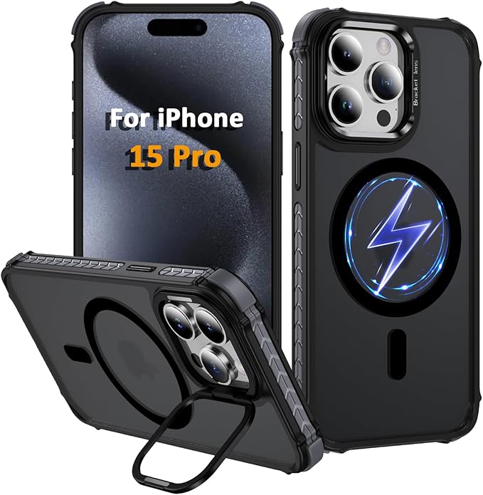 Magnetic for iPhone 15 Pro Case Black with MagSafe Wireless Charging Heavy Duty Military-Grade Shockproof Protection Adjustable Kickstand Slim Matte Anti-Fingerprint Cover Men Women