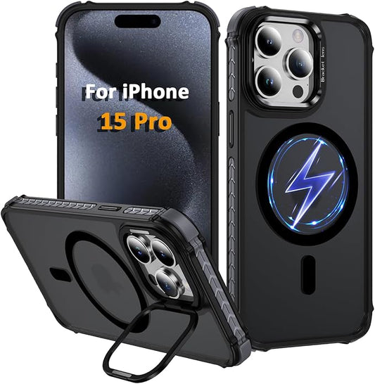 Magnetic for iPhone 15 Pro Case Black with MagSafe Wireless Charging Heavy Duty Military-Grade Shockproof Protection Adjustable Kickstand Slim Matte Anti-Fingerprint Cover Men Women