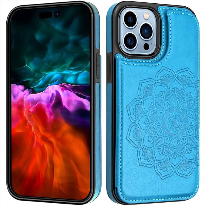 MMHUO for iPhone 14 Pro Max Case with Card Holder,Flower Magnetic Buttons Protective Wallet Case for Women for iPhone 14 Pro Max,Blue