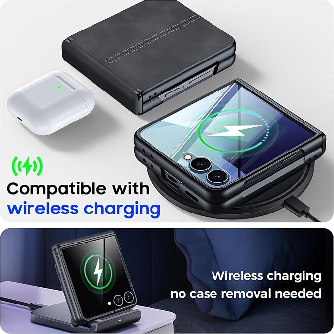 for Samsung Galaxy Z Flip 7 Case with Hinge Protection & Built-in Screen Protector, Ultra Thin Stylish Leather Matte PC Durable Shockproof Cover Phone Case for Galaxy Z Flip 7-Black Gray