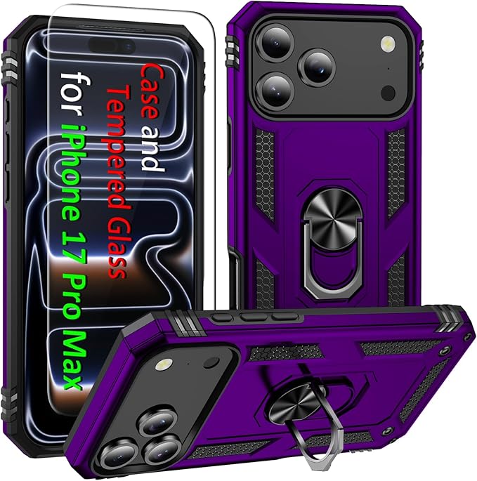 ADDIT Compatible with iPhone 17 Pro Max Case with Tempered Glass Screen Protector, Adjustable Kickstand Ring, Military-Grade Heavy Duty Protection, Shockproof, Anti-Fingerprint,Purple