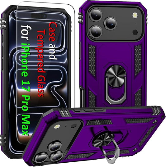 ADDIT Compatible with iPhone 17 Pro Max Case with Tempered Glass Screen Protector, Adjustable Kickstand Ring, Military-Grade Heavy Duty Protection, Shockproof, Anti-Fingerprint,Purple