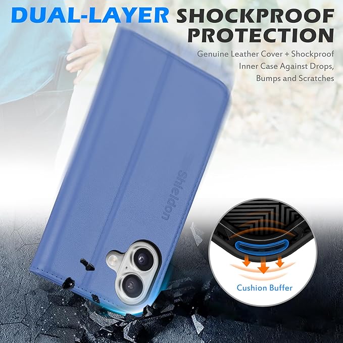 SHIELDON Wallet Case for iPhone 16 6.1", Genuine Leather Folio Magnetic Kickstand RFID Blocking Credit Card Slots Protective Phone Cover Compatible with iPhone 16 5G 2024 - Nappa Wisteria Purple