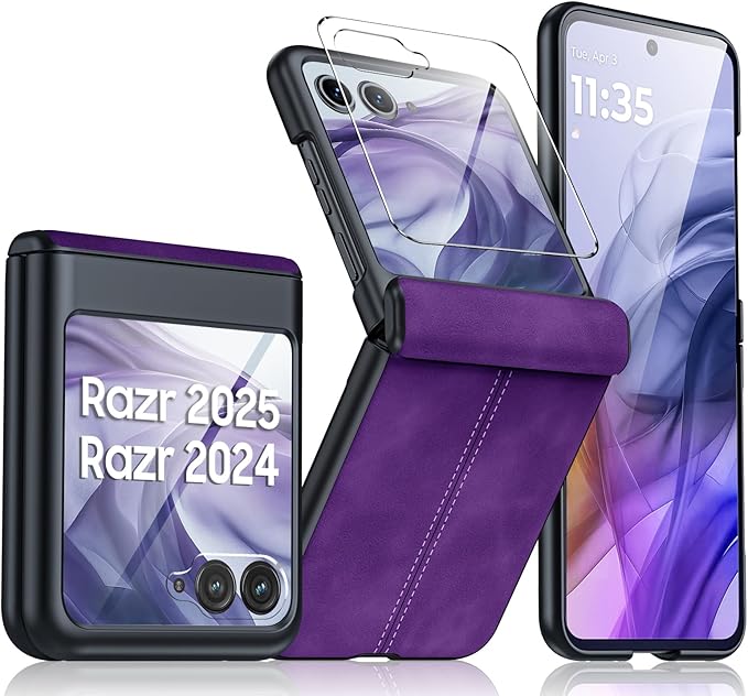 for Motorola Razr 2024 Case/Razr 2025 Case, Built-in Screen Protector & Hinge Protection & Ultra Thin PU Leather Matte PC Shockproof Phone Cover Smartphone Case for Moto Razr 2024/2025 (Purple)