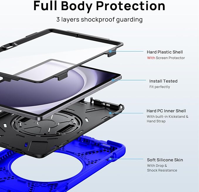 Gerutek Case for Samsung Galaxy Tab A9+/ A9 Plus Case 11" 2023, Full-Body Drop Protection Shockproof Cover with Screen Protector, 360° Rotating Stand, Hand/Shoulder Strap, Pencil Holder, Blue