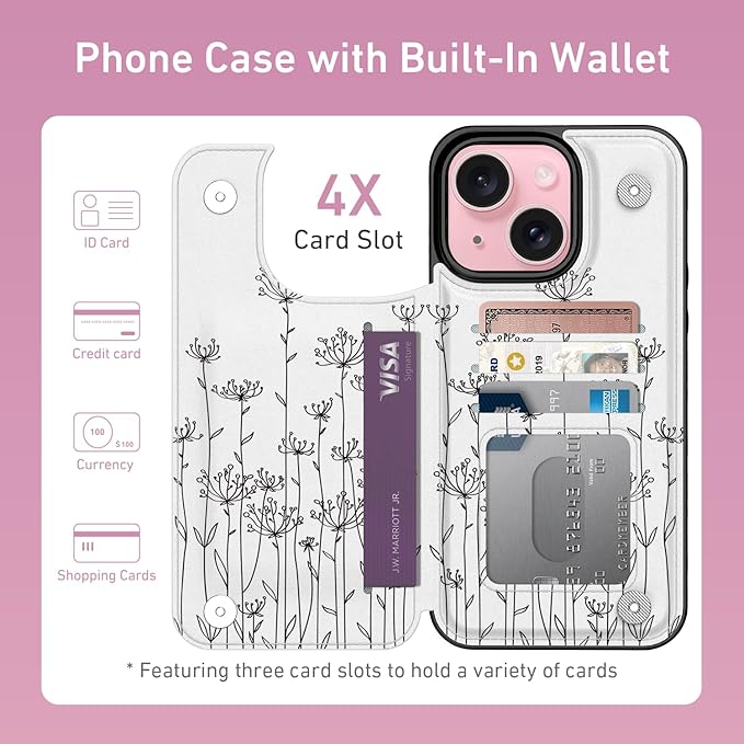 FUNMIKO for iPhone 14 Plus Wallet Case with Card Holder, RFID-Blocking, Military-Grade Protection & UV-Printed Artwork, Magnetic Closure with Leather Kickstand - Elegantly Sketched Flower