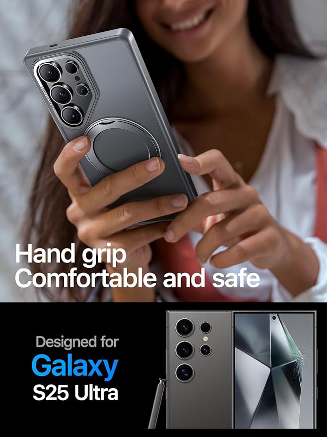QTlier Phone case for Galaxy S24 Ultra& S25 Ultra- 360 Rotatable Magnetic Ring Stand, Military-Grade Protection, Raised Camera Frame (Grey, S25 Ultra)