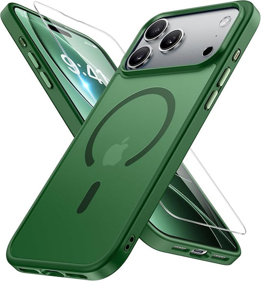 Miracase Magnetic for 17 Pro Case 6.3" with Screen Protector, [Compatible with MagSafe] Military-Grade Protection, Anti-Fingerprint, Slim Thin Phone Case for 17 Pro Cover, Dark Green