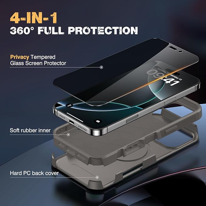 Diaclara Magnetic for iPhone 16 Pro Case, [with Privacy Screen Protector] [Anti Spy] [Military Grade Drop Protection] Heavy Duty Full-Body Shockproof Phone Case, Magnetic Grey Titanium