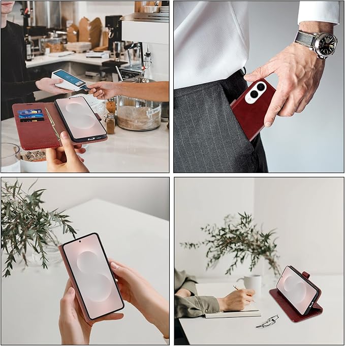 MONASAY Wallet Case Fit for Samsung Galaxy S25 Edge 5G，[Lens & Glass Screen Protector] [RFID Blocking] Flip Folio Leather Cell Phone Cover with Credit Card Holder, 6.7 inch, Burgundy