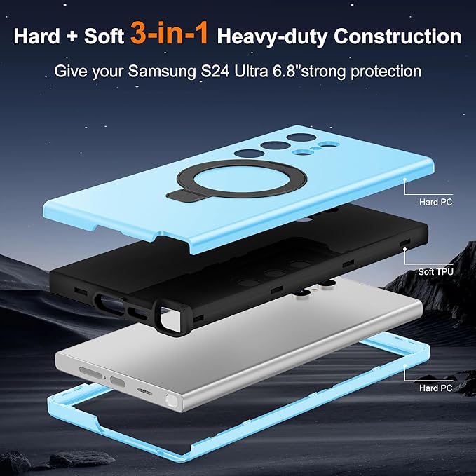 Designed for Samsung Galaxy S24 Ultra Case with Magnetic Ring Stand [Compatible with Mag-Safe][Military Grade Drop Protection][Build in Kickstand] S24 Ultra Phone Case 6.8",Blue