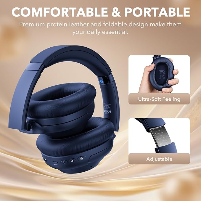 YMOO Bluetooth 5.2 Hybrid Active Noise Cancelling Headphones for Airplane Travel, Wired and Wireless ANC Headphones, 75H Playtime Over Ear Headphone, Bluetooth Headset with Mic for Adults Blue