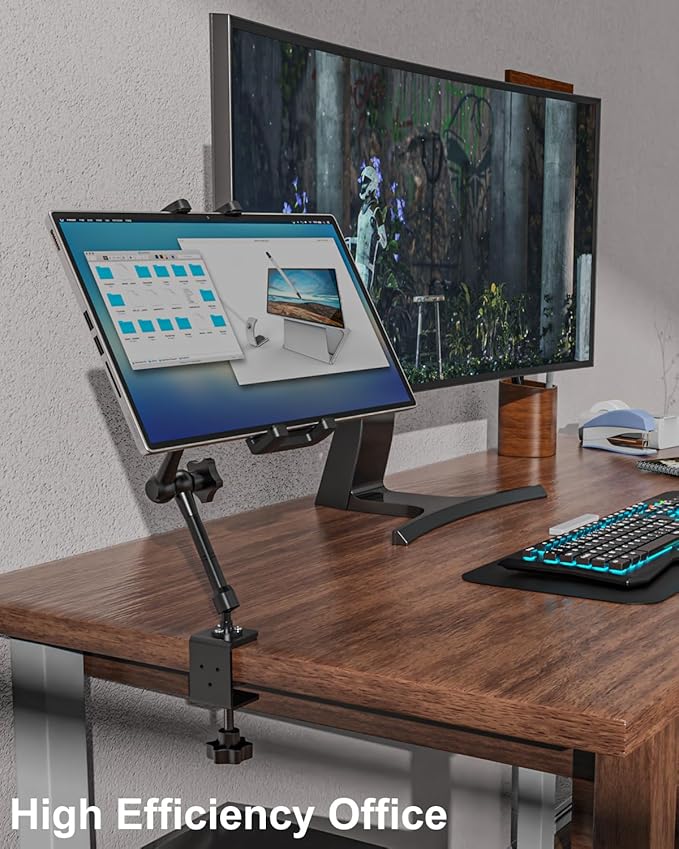 Metal Tablet Stand Holder for iPad, [Foldable Arm] Tablet Mount for Desk, Kitchen, Under Cabinet, Living, Cafe, Office, Compatible iPad mini, Air, Pro, Galaxy Tab/Z Fold, 4.7-16'' Device