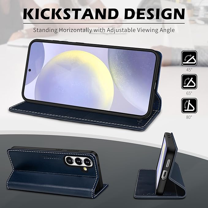 SHIELDON Case for Galaxy S25 5G 6.2", Genuine Leather Wallet Flip Book RFID Blocking Card Holder Kickstand Shock Absorbing Protection Case Compatible with Galaxy S25 2025 - Retro Dark Blue