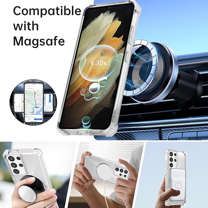 for Samsung Galaxy S21 Ultra Case Compatible Wireless Charging Magnetic,with Screen Protector,for S21Ultra Phone Case with 360°Stand Ring Military Grade Shockproof Heavy Duty Protection Clear