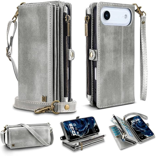 for iPhone Air Wallet Phone Case with 8 Card Holder,RFID Blocking | PU Leather | Kickstand | Flip | Wrist Strap&Shoulder Strap | Shockproof | Zipper Wallet | Women Men | 6.5" |Silvery