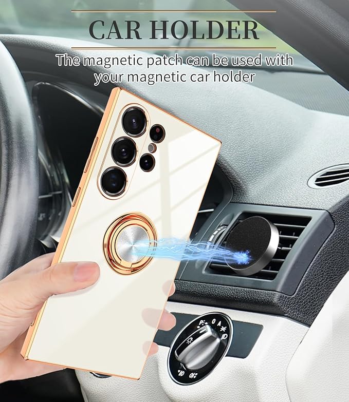 Dinick White for Samsung Galaxy S24 Ultra Case with Ring Holder Kickstand [with Magnetic] Soft TPU Bumper, Glitter Gold Electroplated Cover Slim Thin Protective Phone Case for Galaxy S24 Ultra