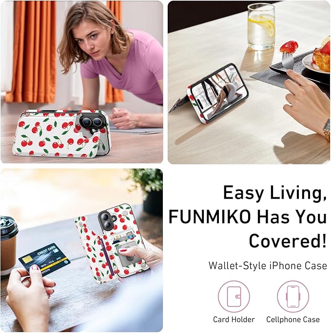 FUNMIKO for iPhone 16 Plus Wallet Case with Card Holder, RFID-Blocking, Military-Grade Protection & UV-Printed Artwork, Magnetic Closure with Leather Kickstand - Juicy Cherries