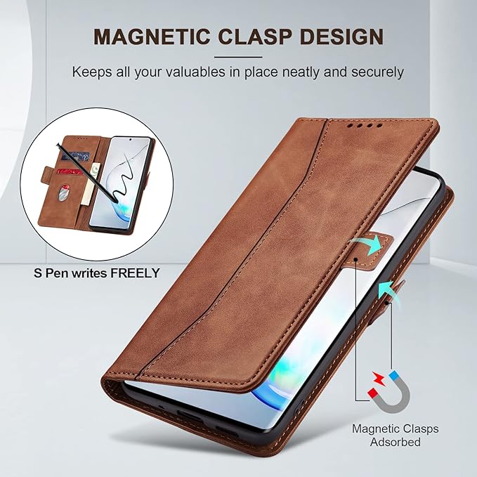 Jasonyu Flip Wallet Case for Samsung Galaxy Note 10 Plus,Leather Magnetic Folio Cover with Card Holder,Kickstand - TPU Shockproof Durable Protective Phone Case,Brown