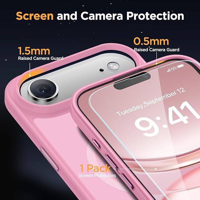 Miracase Magnetic for iPhone Air Case 2025 with Screen Protector(Compatible with MagSafe), Slim Thin Translucent Matte Military-Grade Protected Phone Cover for iPhone 17 Air 6.5" Armbands, Pink