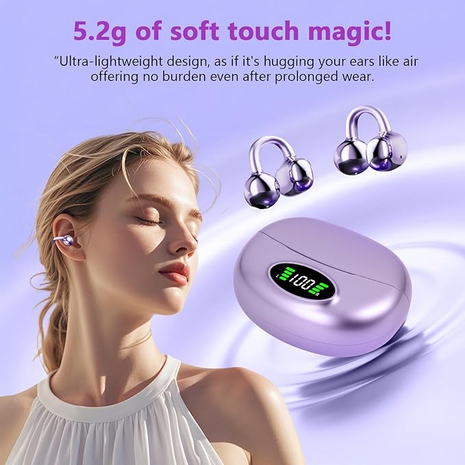 Clip on Headphones,Open Bluetooth 5.4 Earbuds with LED Digital Display Built-in Mic IPX7 Waterproof 50H Playback Sports Bone Conduction Earphones Suitable for Small Ears and Eyeglass Wearers (Purple)