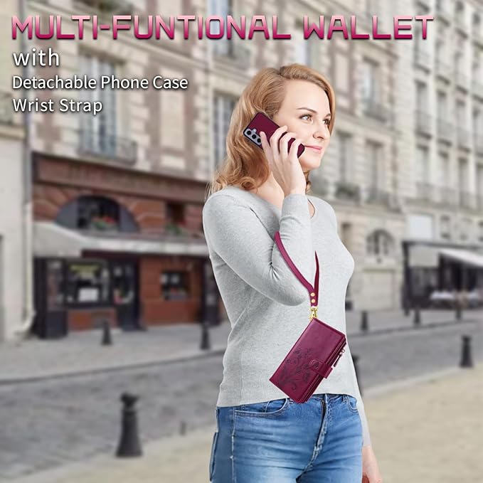 Lacass for Samsung Galaxy S24 Case Wallet,Compatible with MagSafe 2 in 1 Magnetic Detachable PU Leather RFID Blocking Wallet Cover Card Holder Zipper Wrist Strap Lanyard,Floral Wine Red