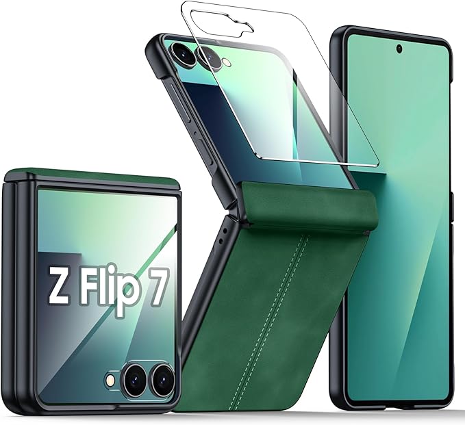 for Samsung Galaxy Z Flip 7 Case with Hinge Protection & Built-in Screen Protector, Ultra Thin Stylish Leather Matte PC Durable Shockproof Cover Phone Case for Galaxy Z Flip 7-Green