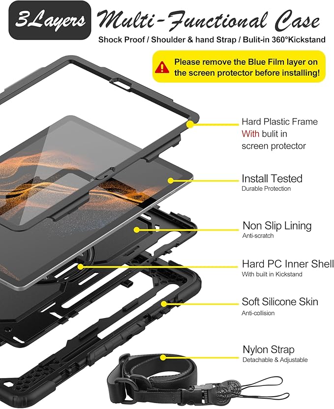 Case for Samsung Galaxy Tab S8 Plus 2022/S7 FE/S7 Plus 5G 12.4-inch Tablet Case Protective [with Screen Protector], Rotatable Kickstand, S Pen Holder, Hand/Shoulder Strap (Black)