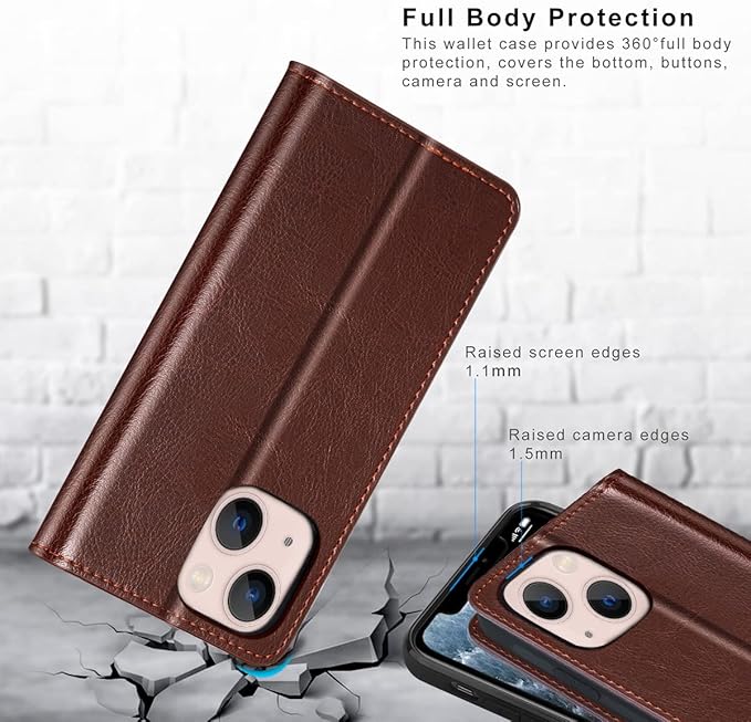 Belemay Case Compatible with iPhone 14 Wallet Case-Genuine Leather Flip Phone Case-RFID Blocking Card Holder-Shockproof TPU Shell Folio Book Cover Women Men Compatible with iPhone 14 (6.1-inch) Brown