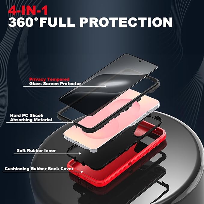 Designed for Samsung Galaxy S24 Plus/S25 Plus Case [with Privacy Screen Protector] 3-Layer Full Body Protection Rugged Shockproof Heavy Duty Phone Case Cover, Red/Black