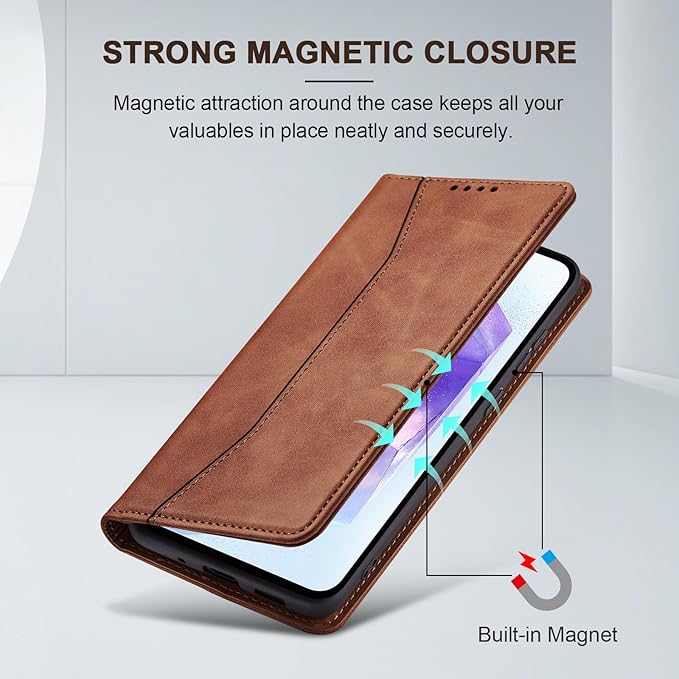 Jasonyu Flip Wallet Case for Samsung Galaxy A55,Leather Magnetic Folio Cover with Card Holder,Kickstand - TPU Shockproof Durable Protective Phone Case,Brown