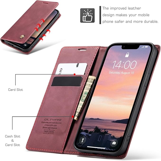 QLTYPRI Case for iPhone 16e, Vintage PU Leather Wallet Case Card Slot Kickstand Magnetic Closure Shockproof Flip Folio Cover for iPhone 16e - Red