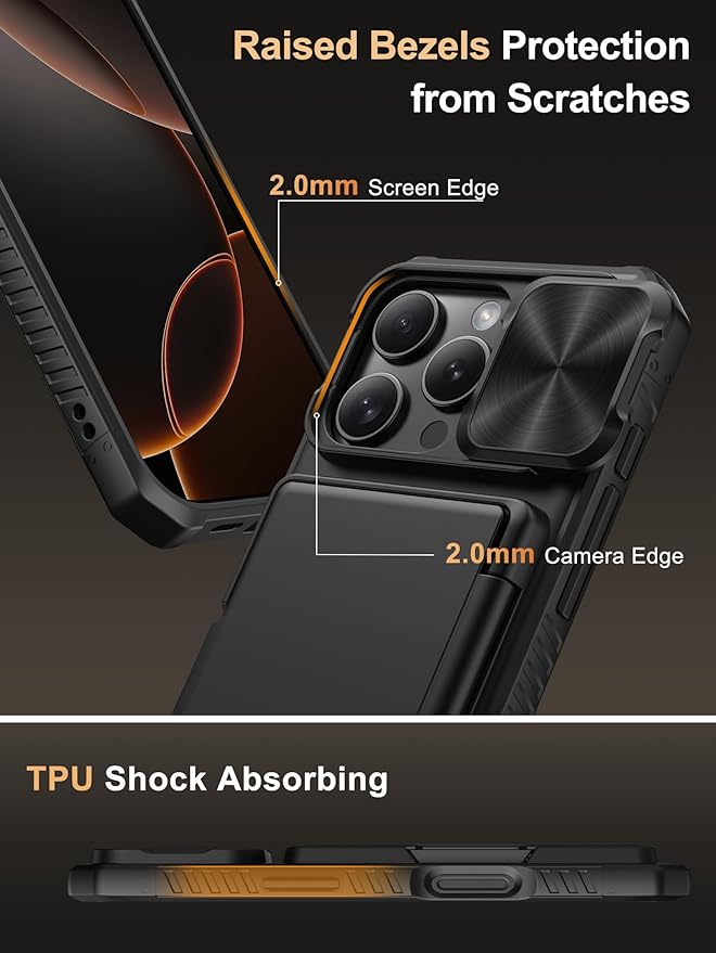 Vihibii for iPhone 16 Pro Case with [2X Screen Protector], Built-in Card Holder (4 Cards), [RFID Blocking] & Slide Camera Cover & Tempered Glass Films, Rugged Wallet Cover for 16 Pro 6.3" 2024, Black