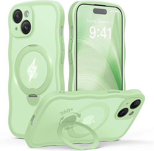 GolbinBox for iPhone 15 Plus Case for Women,[Compatible with Magsafe][360° Spin Magnetic Stand][Cute Wave Edge][Military-Grade Protection] Translucent Matte Phone Case for iPhone 15 Plus, Mint Green