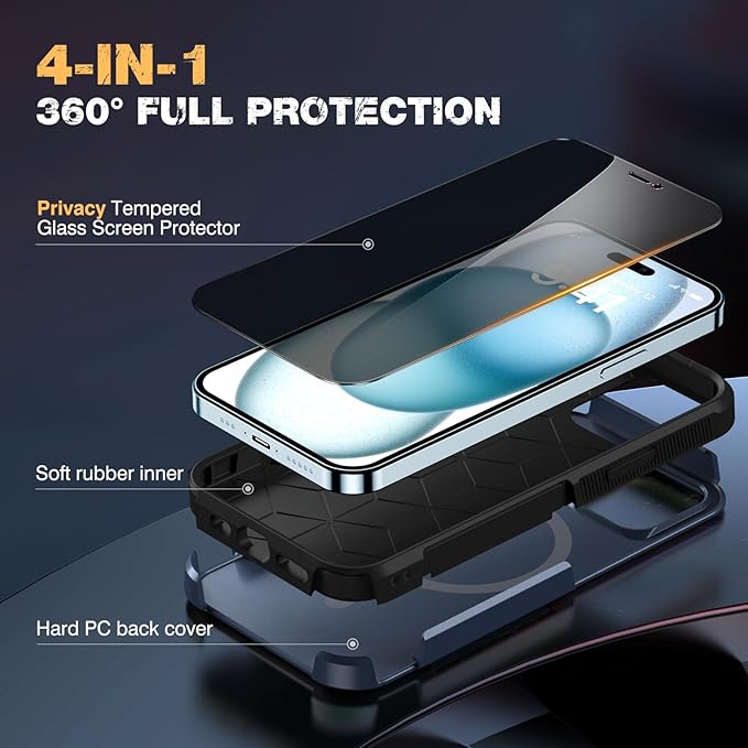Diaclara Designed for iPhone 15 Case with Magnetic Ring, [with Privacy Screen Protector] [Anti Spy] [Military Grade Drop Protection] Heavy Duty Full-Body Shockproof Phone Case, Blue