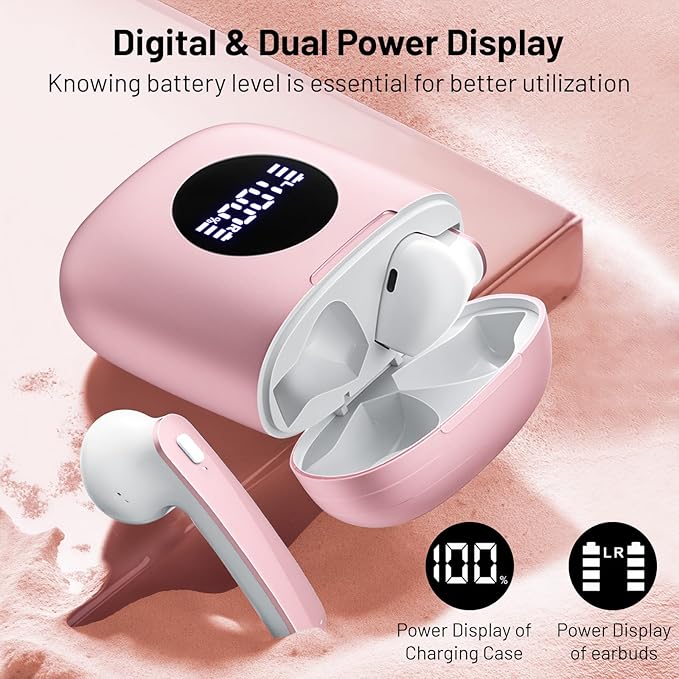 Wireless Earbuds, Bluetooth Headphones Stereo Ear Buds with Noise Cancelling Mic, 50H Playback with LED Display Charging Case, IP7 Waterproof in-Ear Earphones for Phone Laptop Sports, Pink