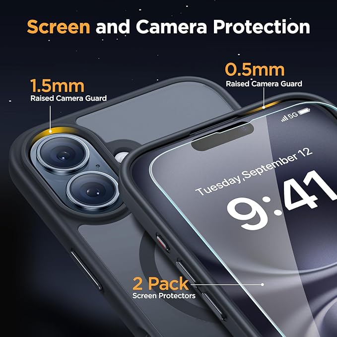 Miracase Magnetic for iPhone 16 Case [with 2X Screen Protectors] [Compatible with MagSafe] Slim Thin Phone Case Military-Grade Protected for iPhone 16 Cover Bumper, Black