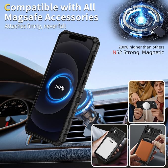 for iPhone 12 Case Magnetic Compatible with MagSafe Wireless Charging,with 2 Screen Protectors,Built-in Kickstand Ring,Shockproof Shock-Absorbent Scratch Resistant Heavy Duty Protection Black