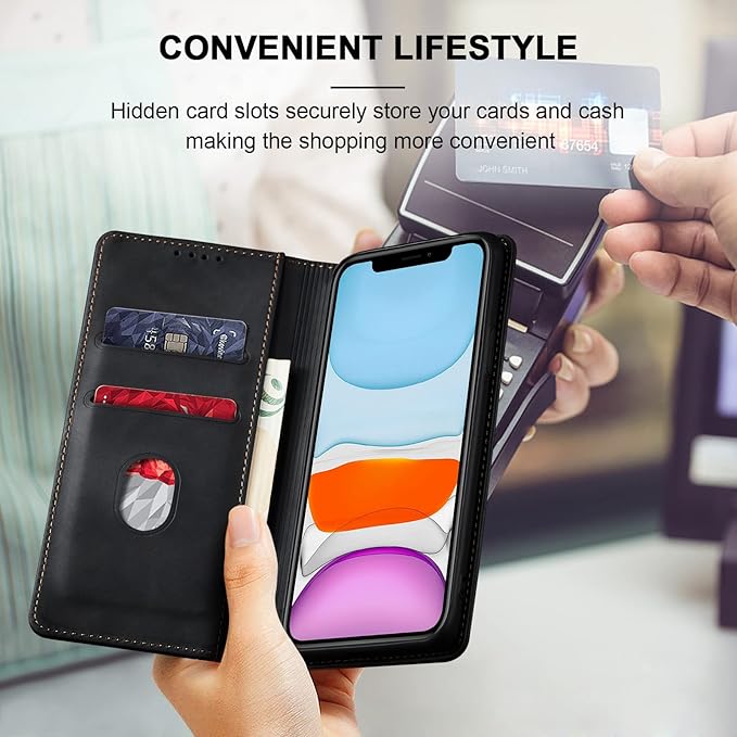 Jasonyu Flip Wallet Case for iPhone 11,Leather Magnetic Folio Cover with Card Holder,Kickstand - TPU Shockproof Durable Protective Phone Case,Black