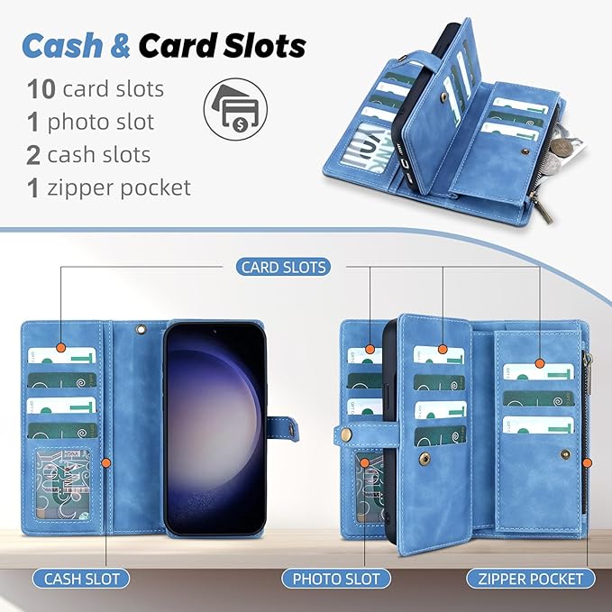 TwoHead for Samsung Galaxy S23 Wallet Case with Card Holder & Detachable Magnetic Phone Case for Galaxy S23,PU Leather Shockproof Protective Phone Cover Wallet with Wrist Strap(6.1 in,Sky Blue)