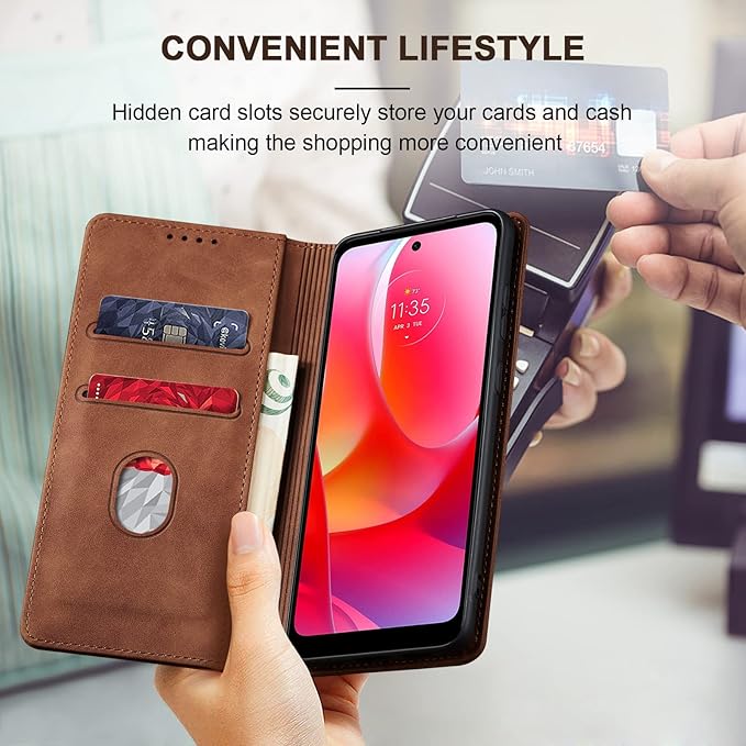 Jasonyu Flip Wallet Case for Moto G Play (2023)/Moto G Power (2022),Leather Magnetic Folio Cover with Card Holder,Kickstand - TPU Shockproof Durable Protective Phone Case,Brown