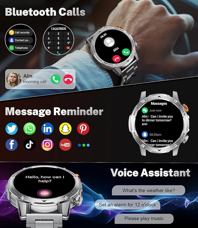 Military Smart Watches for Men(3 Bands),1000mAh/1.75" HD Large Screen Smartwatch, Flashlight/110+ Sports Modes/IP68 Waterproof/Sleep Monitor Fitness Tracker Watch for Android iOS, Silver