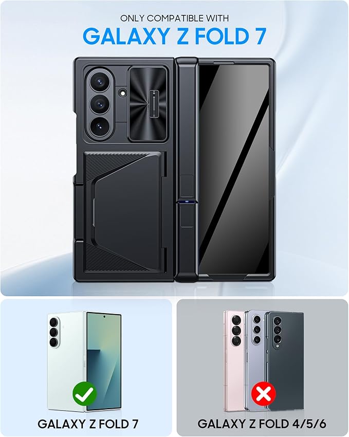 for Samsung Galaxy Z Fold 7 Case with Card Holder RFID Blocking & Privacy Screen Protector & Slide Lens Cover & Hinge Protection & Kickstand, Shockproof Wallet Case for Z Fold 7 (Black)