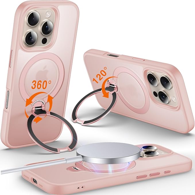 360° O-Ring MagStander for iPhone 16 Pro Max Case with Magnetic Kickstand Ring Holder [Compatible with MagSafe][360°Rotate Stand][Military Shockproof] iPhone 16 Pro Max Phone Cover Pink