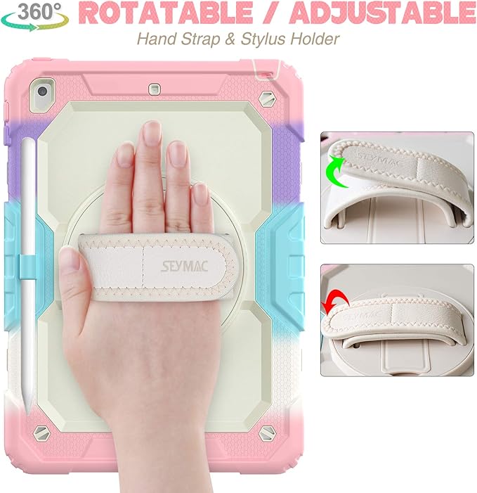 SEYMAC stock Case for iPad 9th/ 8th/ 7th Generation 10.2'', Shockproof with Screen Protector, Pencil Holder [360° Rotating Hand Strap] & Stand, for iPad 10.2 inch 2021-2019 (Yellowish+Pink)