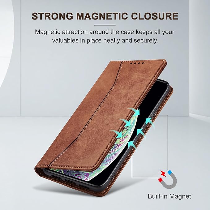 Jasonyu Flip Wallet Case for iPhone X/XS,Leather Magnetic Folio Cover with Card Holder,Kickstand - TPU Shockproof Durable Protective Phone Case,Brown