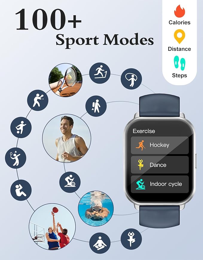 RUIMEN Smart Watches for Men Women (Answer/Make Calls, 2 Bands Included), 1.8" Smartwatch for iOS/Android Phones, Fitness Tracker Heart Rate/Sleep Monitor Digital Watch Waterproof Blue